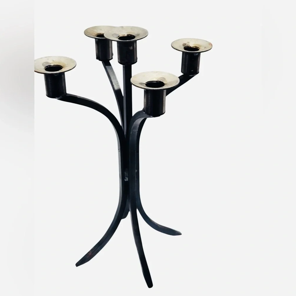 VTG Art Deco Wrought Iron 5 Taper Candelabra Candle Holder Black Patina 14